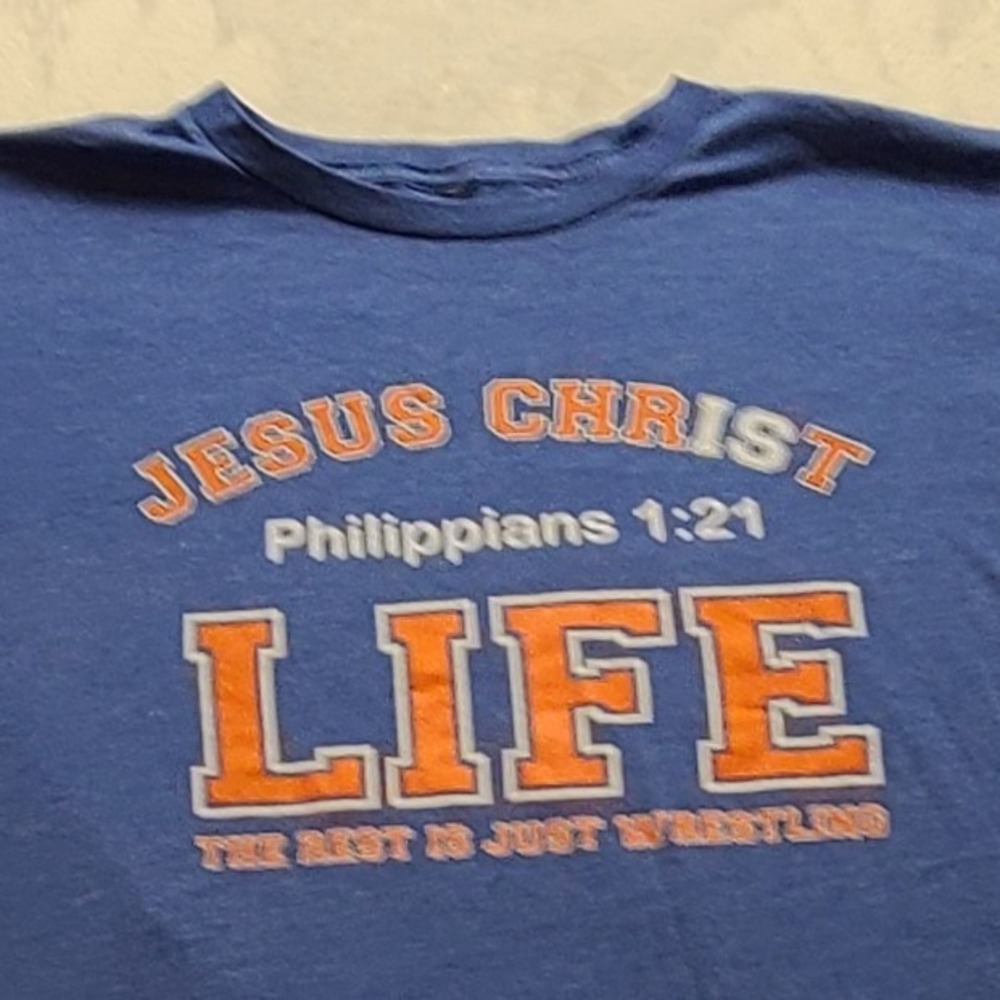 Jesus Christ Philippians 1:21 Wrestling Graphic Tee Blue Heather Men's Shirt XL - Picture 3 of 11